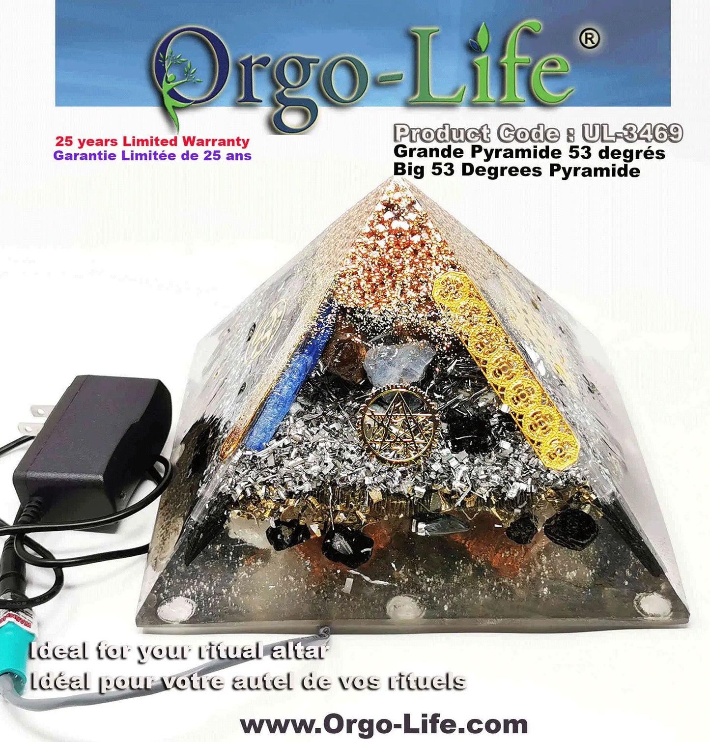 Pyramide XL (5 grand cristaux Himalayen)(8'' x 8'’ X 7 1/4’)53.3 degré UL-3469 Orgo-Life