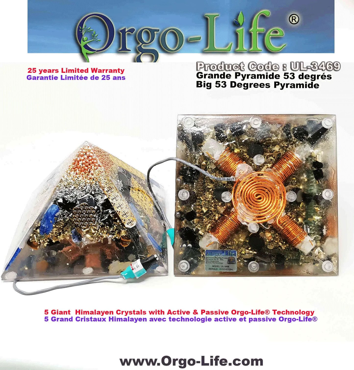 Pyramide XL (5 grand cristaux Himalayen)(8'' x 8'’ X 7 1/4’)53.3 degré UL-3469 Orgo-Life