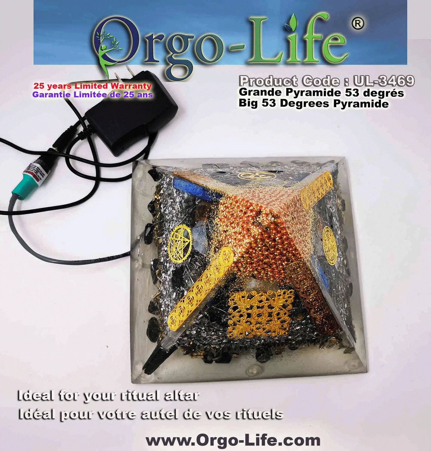 Pyramide XL (5 grand cristaux Himalayen)(8'' x 8'’ X 7 1/4’)53.3 degré UL-3469 Orgo-Life