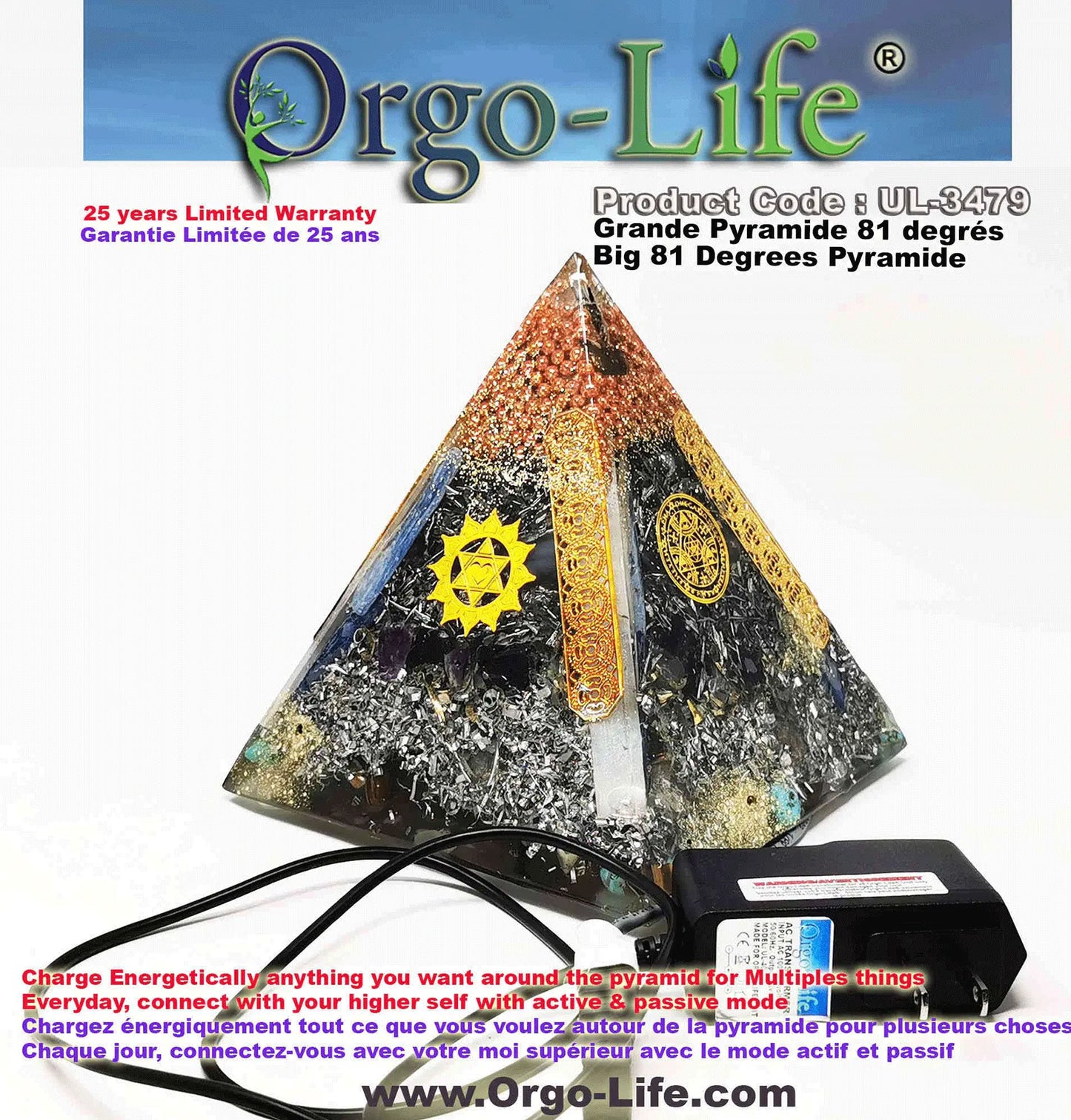Pyramide XL (9 gros cristaux de l'Himalaya) (6'' x 6'’ X 6 ‘’)  81 degré UL-3479 Orgo-Life