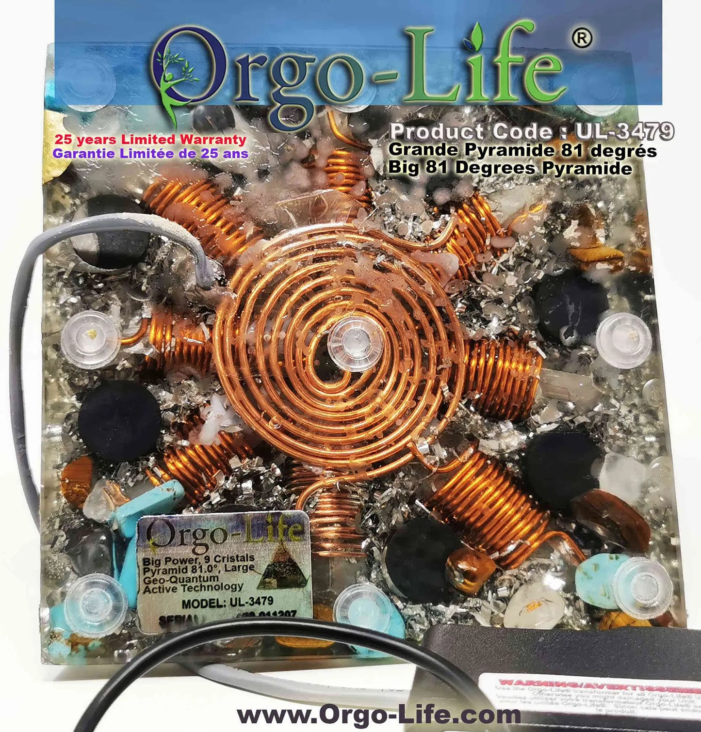Pyramide XL (9 gros cristaux de l'Himalaya) (6'' x 6'’ X 6 ‘’)  81 degré UL-3479 Orgo-Life