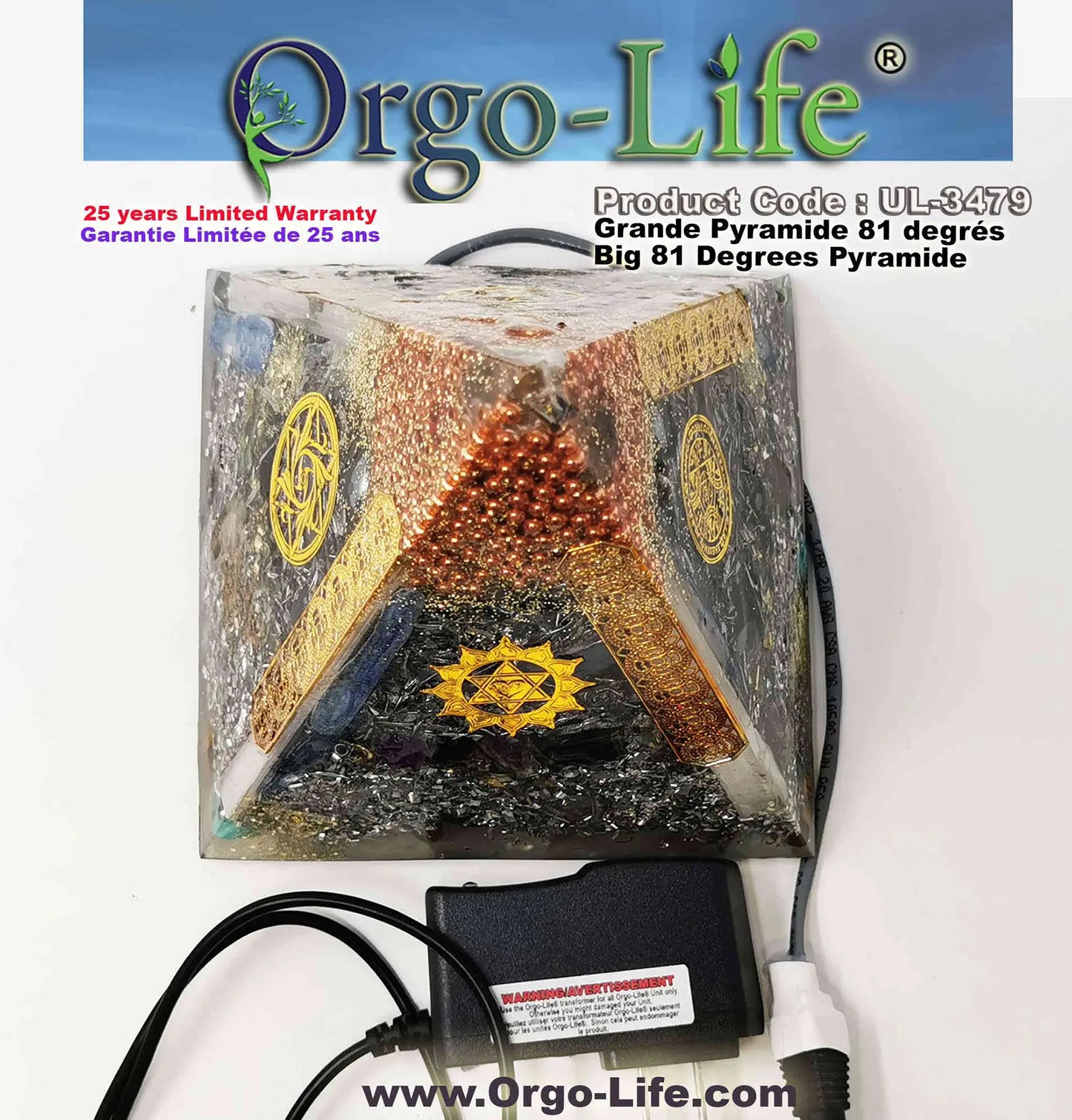 Pyramide XL (9 gros cristaux de l'Himalaya) (6'' x 6'’ X 6 ‘’)  81 degré UL-3479 Orgo-Life
